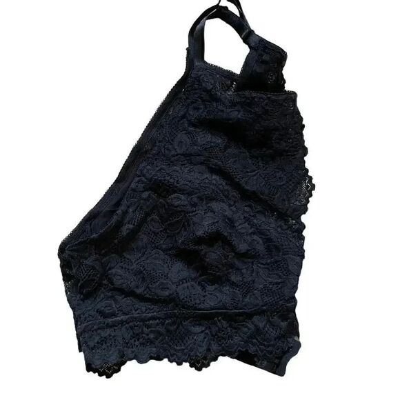 Jenny Jen Black Embroidered Floral Lace RACERBACK PADDED BRALETTE Spandex SZ L - Picture 4 of 10